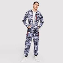 Romwe Men Camo Zip Up Hoodie With Drawstring Waist Pants