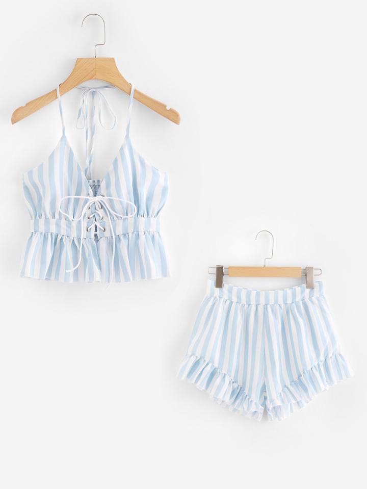 Romwe Lace Up Front Striped Top With Ruffle Hems Shorts