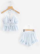 Romwe Lace Up Front Striped Top With Ruffle Hems Shorts