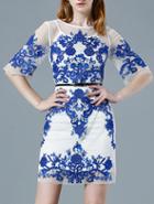 Romwe Blue Half Sleeve Contrast Gauze Embroidered Drawstring Dress