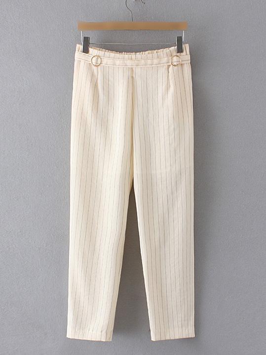Romwe Beige Vertical Stripe Elastic Waist Pants