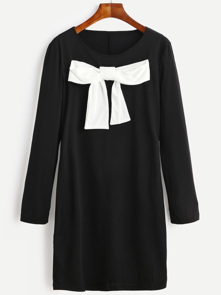Romwe Black Contrast Bow Tunic Dress