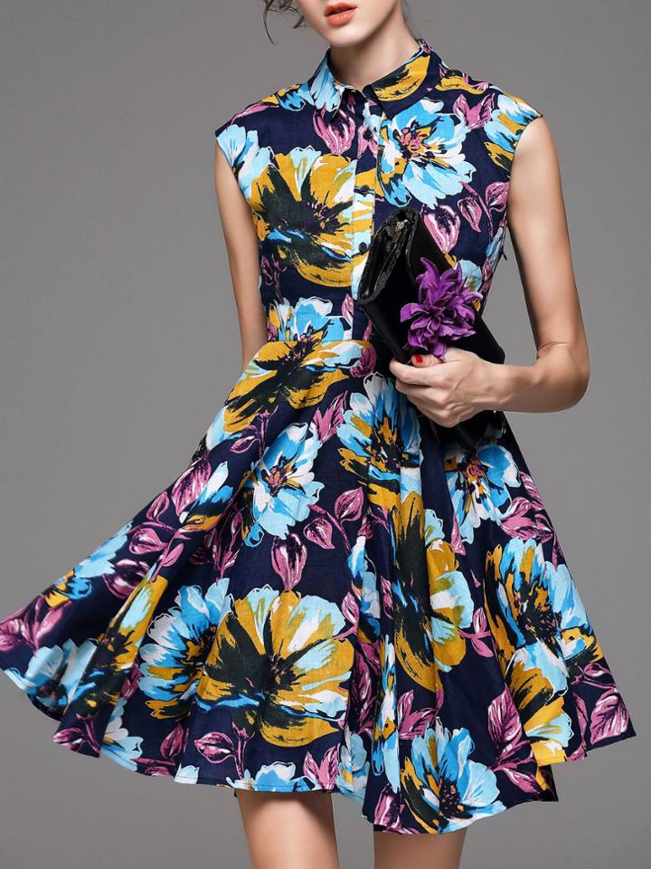 Romwe Navy Lapel Print A-line Dress
