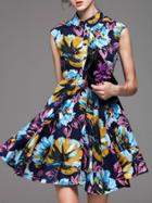 Romwe Navy Lapel Print A-line Dress