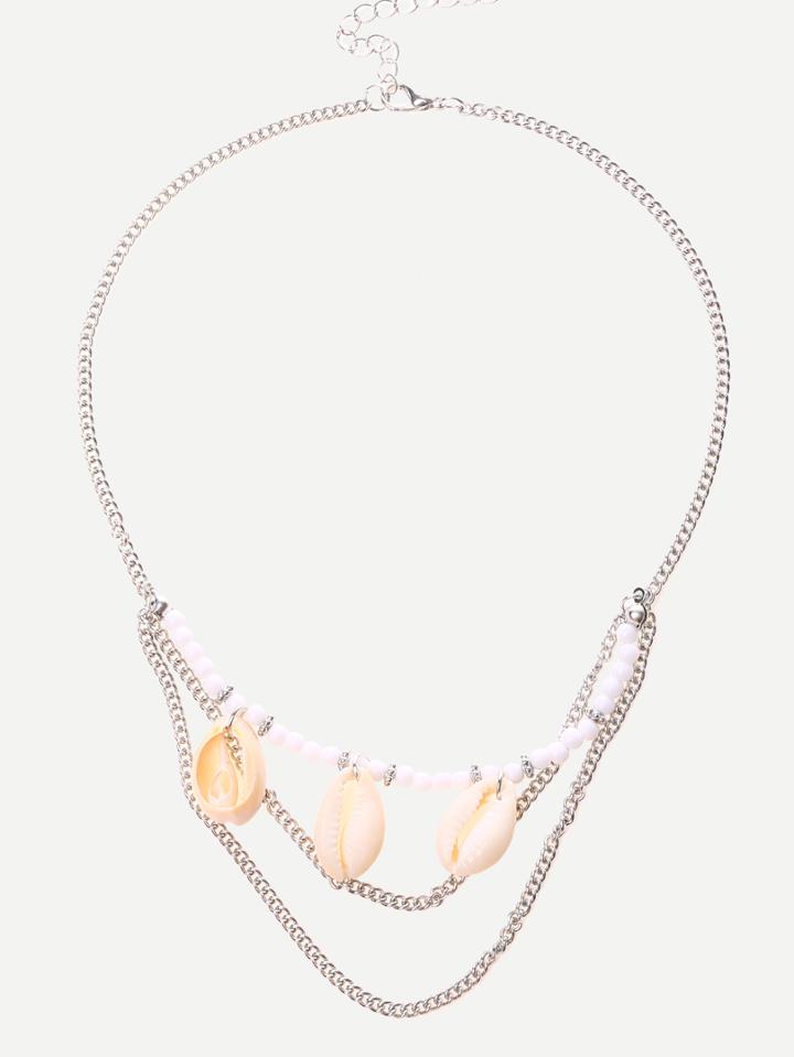 Romwe Silver Multilayer Shells And Beads Pendant Necklace