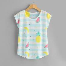 Romwe Fruit And Stripe Print Curved Hem Tee