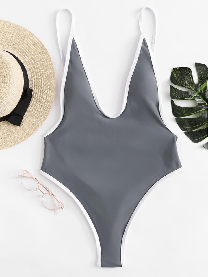Romwe Contrast Piping Low Back Swimsuit