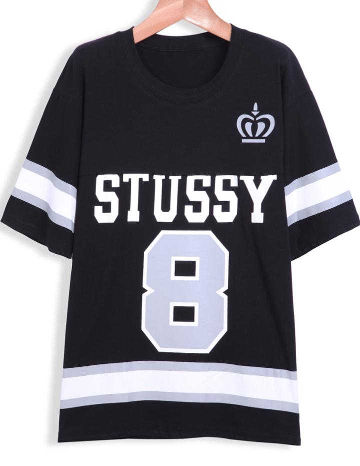 Romwe Stussy 8 Print Loose T-shirt