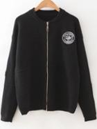 Romwe Black Embroidery Patch Zipper Sweater Coat