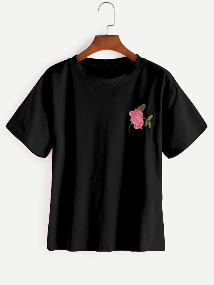 Romwe Black Floral Embroidered T-shirt