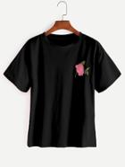 Romwe Black Floral Embroidered T-shirt