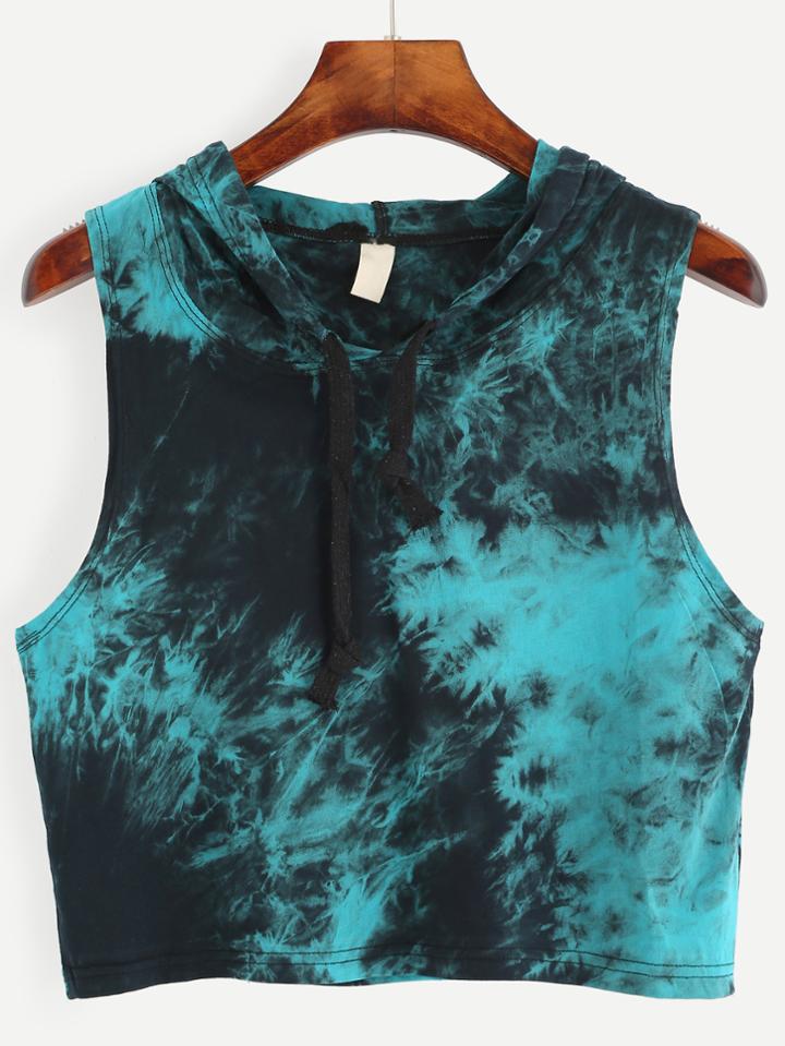 Romwe Blue Tie Dye Print Hooded Crop Top