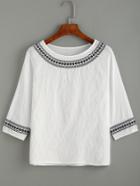 Romwe White Embroidered Trim Blouse