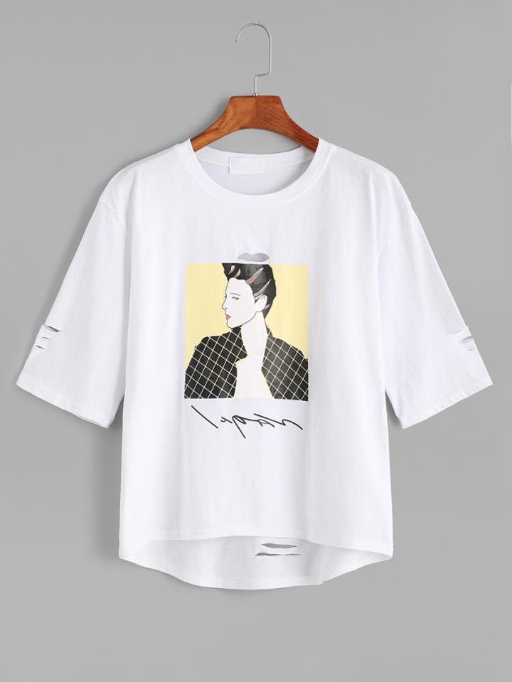 Romwe White Portrait Print High Low Ripped T-shirt