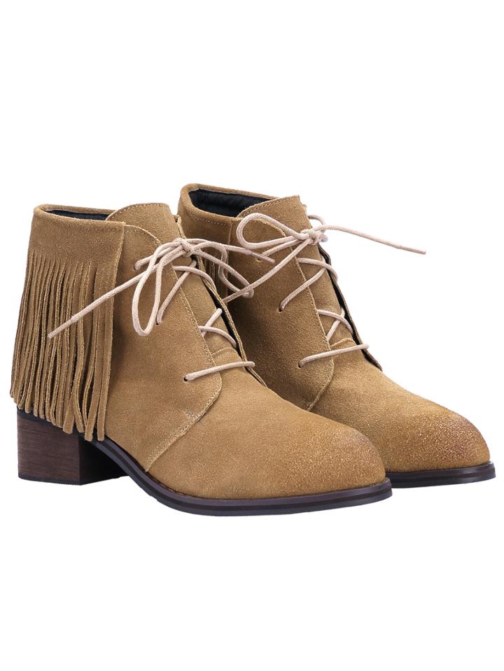 Romwe Khaki Tassel Lace Up Boots