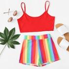 Romwe Crop Cami Top With Rainbow Striped Shorts
