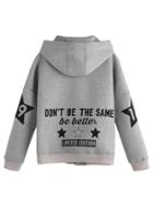 Romwe Heather Grey Printed Drop Shoulder Drawstring Hooded Zip Sweatshirt