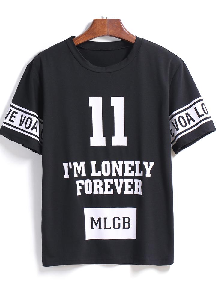 Romwe Round Neck Letter Print Loose T-shirt