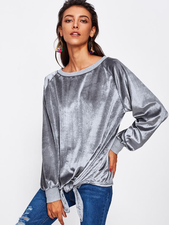 Romwe Velvet Raglan Sleeve Knotted Hem Sweatshirt
