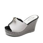 Romwe Faux Pearl Detail Striped Wedge Mules