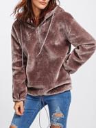 Romwe Zip Front Drop Shoulder Faux Fur Hoodie