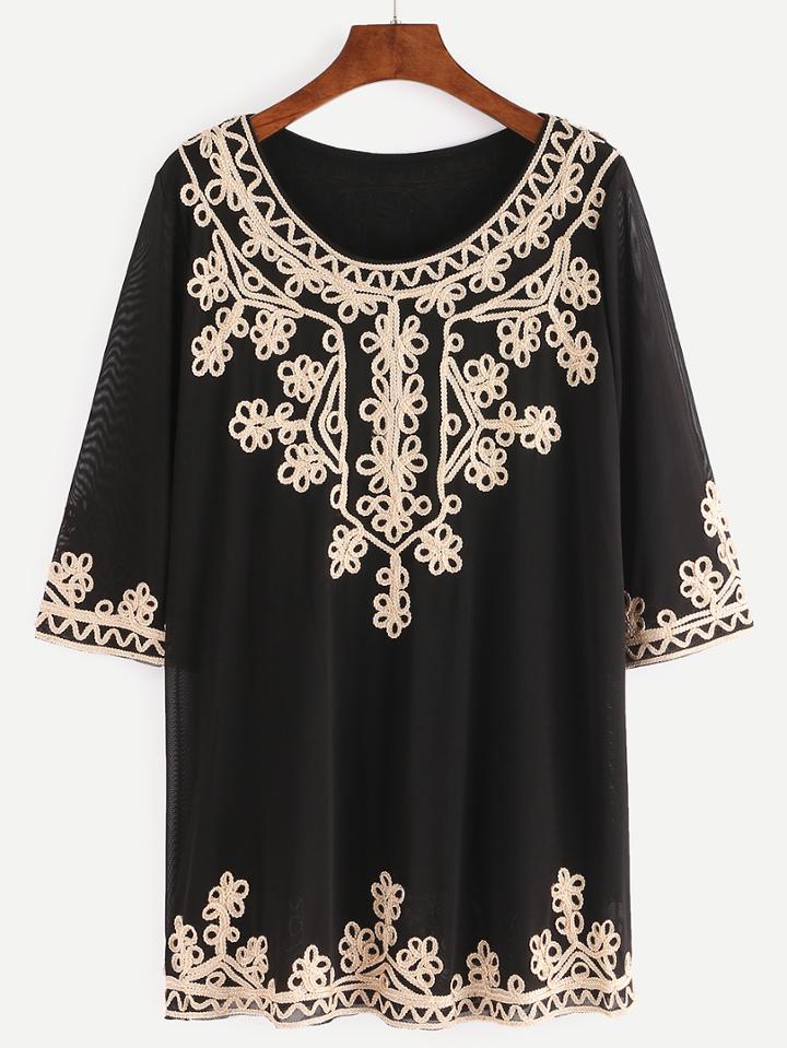 Romwe Flower Applique Embellished Blouse - Black