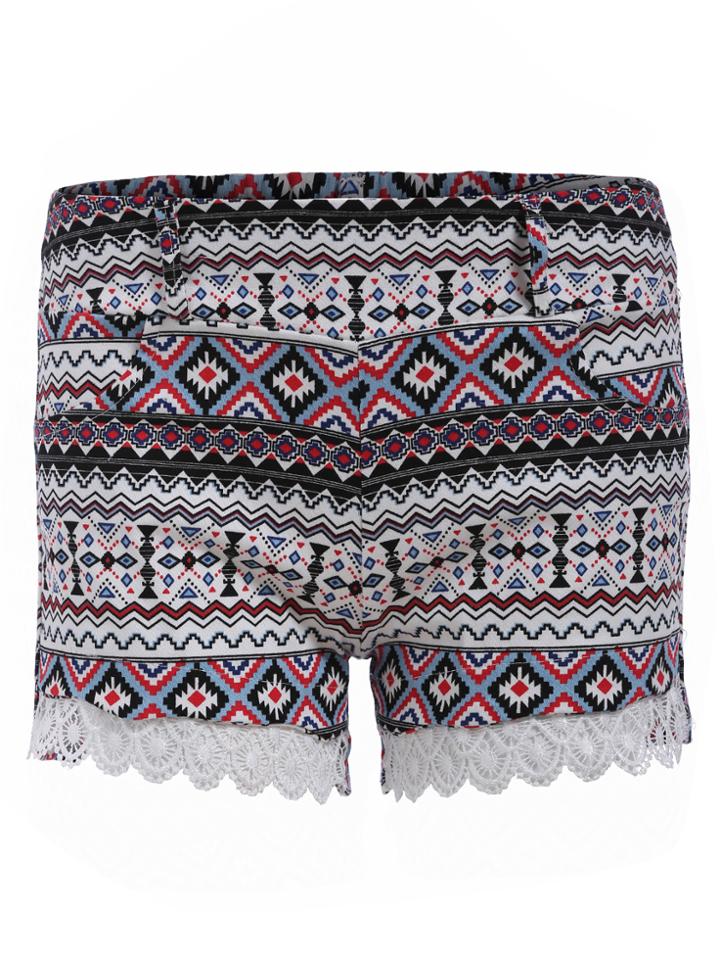 Romwe Lace Hem Geometric Print Blue Shorts