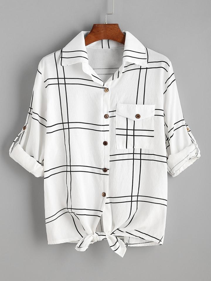 Romwe White Grid Plaid Tie Hem Roll Sleeve Shirt