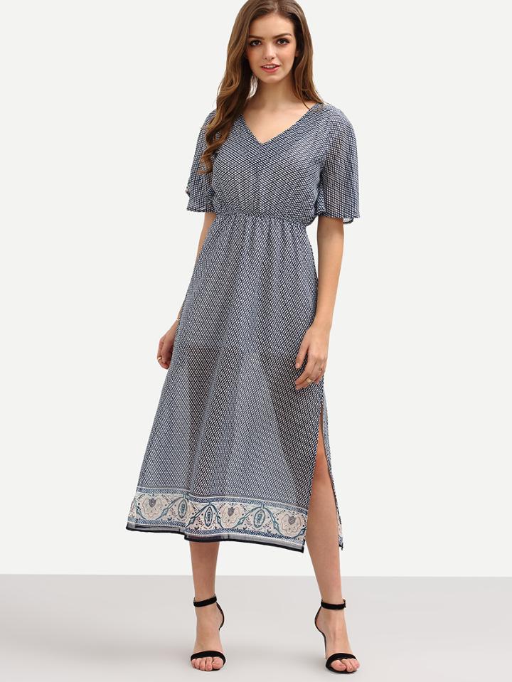 Romwe V-neck High Waist Printed Slit Chiffon Dress - Black