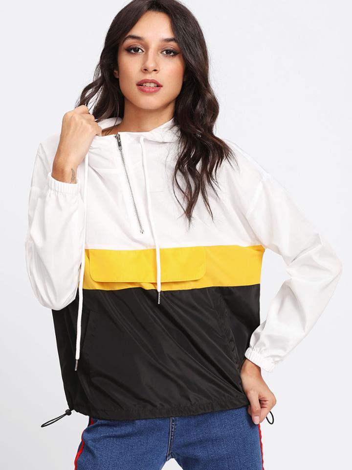 Romwe Zip Front Cut And Sew Pullover Hoodie Jacket
