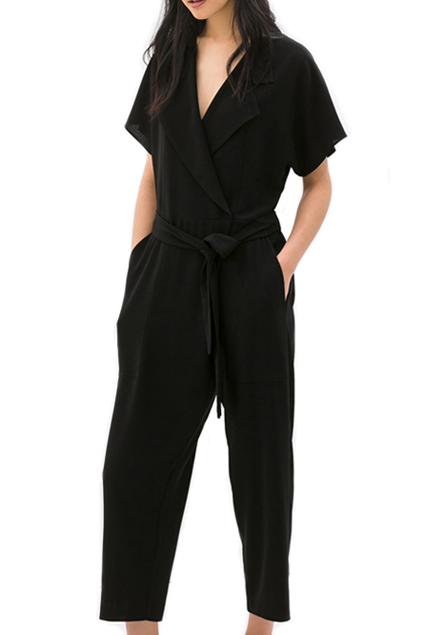 Romwe V-neck Belted Sheer Black Jumpsuit
