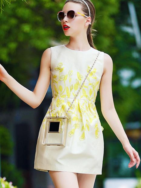 Romwe Apricot Round Neck Sleeveless Embroidered Beading Pockets Dress