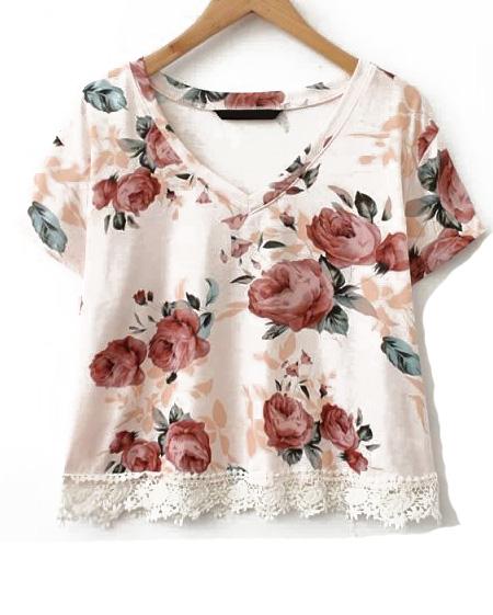 Romwe V Neck Floral Lace Hem T-shirt