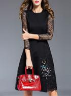 Romwe Black Contrast Lace Cat Sequined A-line Dress