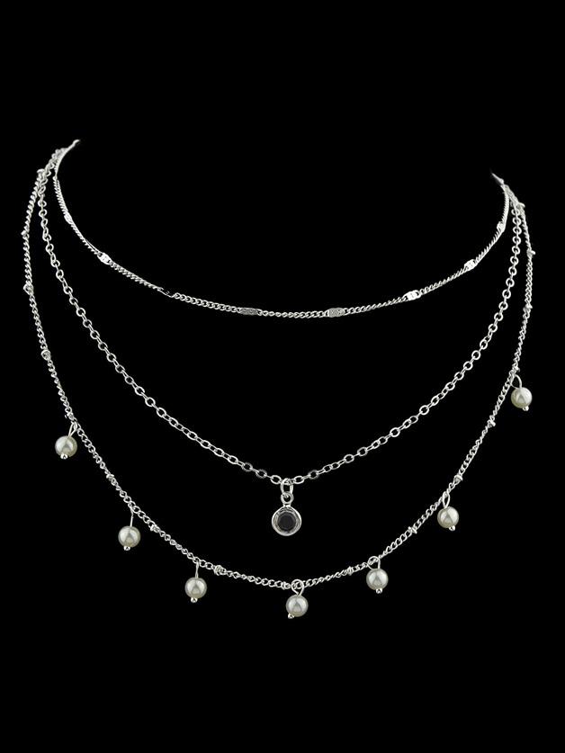 Romwe Silver Pearl Rhinestone Multi-layered Clavicle Necklace