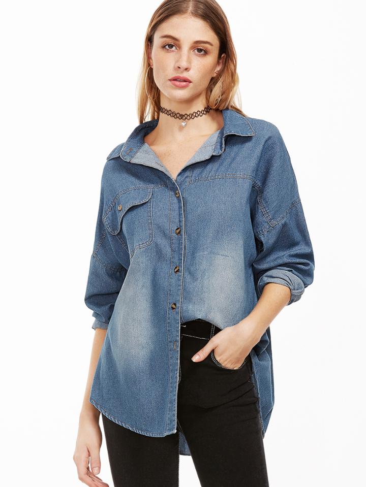 Romwe Blue Single Breasted Denim Blouse With Pocket