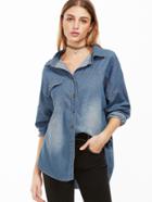 Romwe Blue Single Breasted Denim Blouse With Pocket