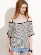 Romwe White Vertical Stripe Contrast Trim Cold Shoulder Top