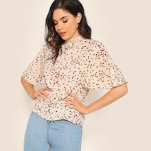Romwe Flutter Sleeve Allover Heart Print Shirred Neck Blouse