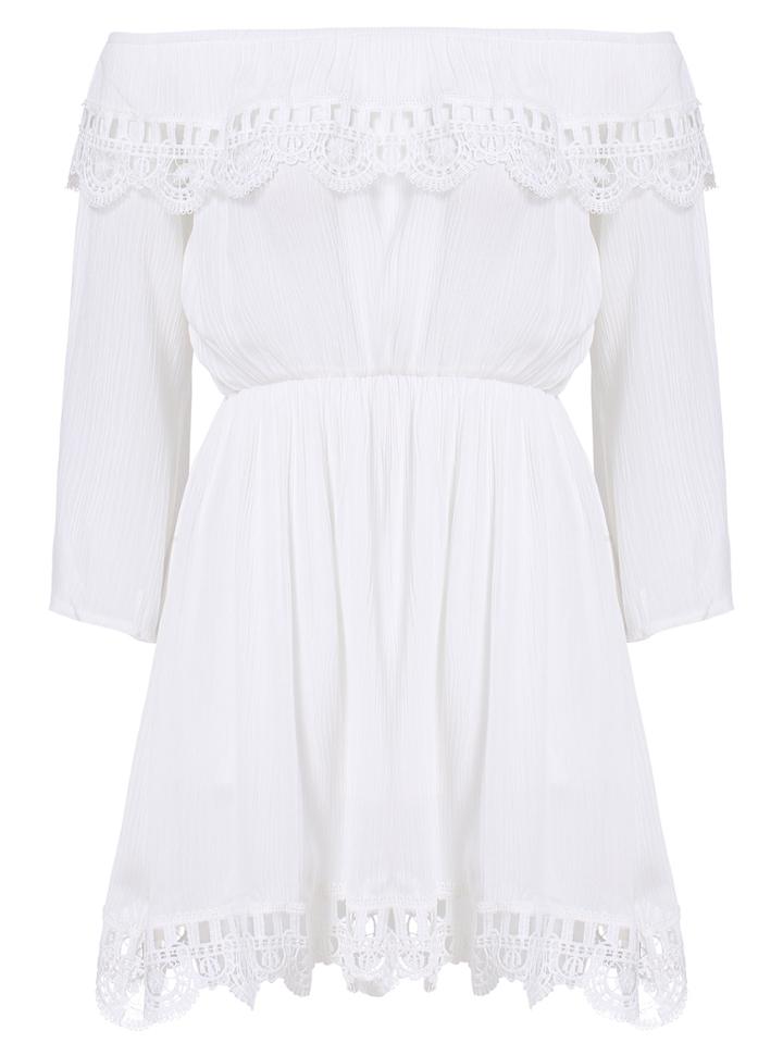 Romwe Off The Shoulder Lace Crochet White Dress