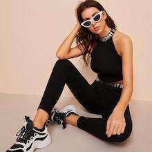 Romwe Letter Detail Tape Rib-knit Top & Leggings Set