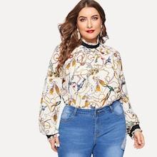 Romwe Plus Chain Print Mock Collar Blouse