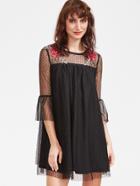 Romwe Black Embroidered Rose Applique Dotted Mesh Overlay Sheer Sleeve Dress