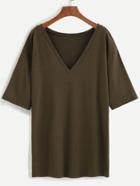Romwe Army Green Letter Print Back Deep V Neck T-shirt