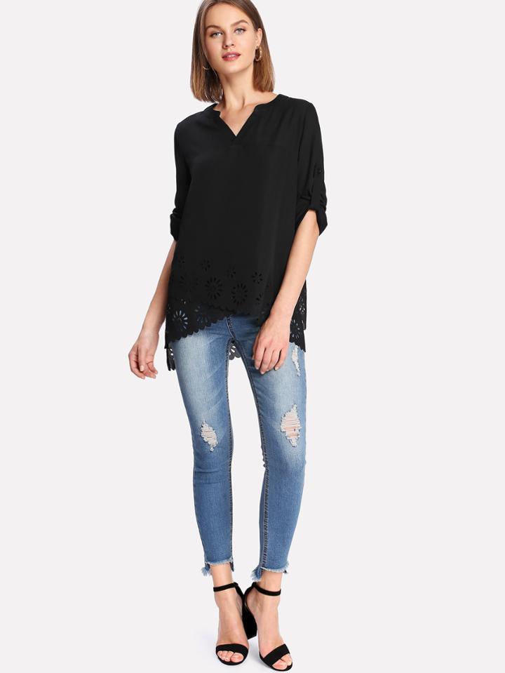 Romwe Scalloped Laser Cut Hem Overlap Blouse
