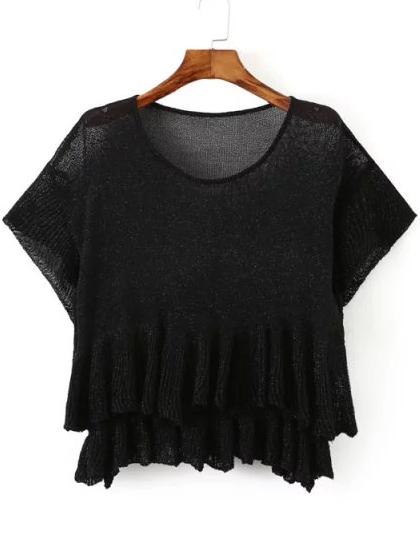Romwe Bell Sleeve Peplum Hem Black Sweater