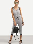 Romwe Contrast Trim Drawstring Waist Jersey Jumpsuit - Grey