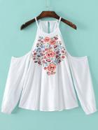 Romwe White Flower Embroidered Open Shoulder Top