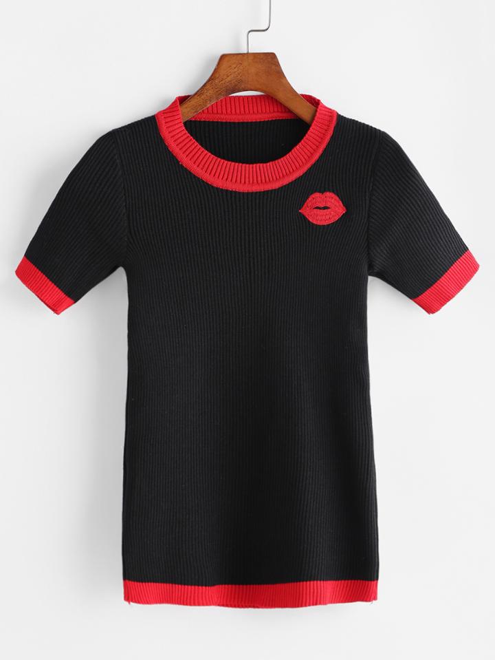 Romwe Black Lip Embroidered Contrast Trim Ribbed Knitted T-shirt
