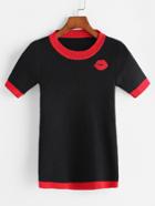 Romwe Black Lip Embroidered Contrast Trim Ribbed Knitted T-shirt
